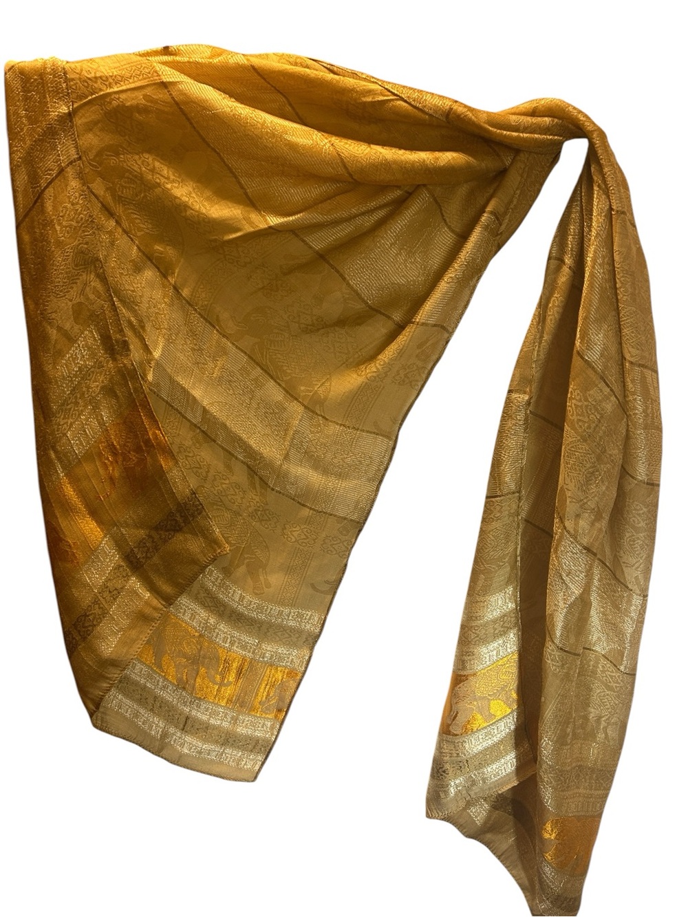 Gold Elephant Print 100% Silk Scarf Wrap Shawl Metallic Boho Festival